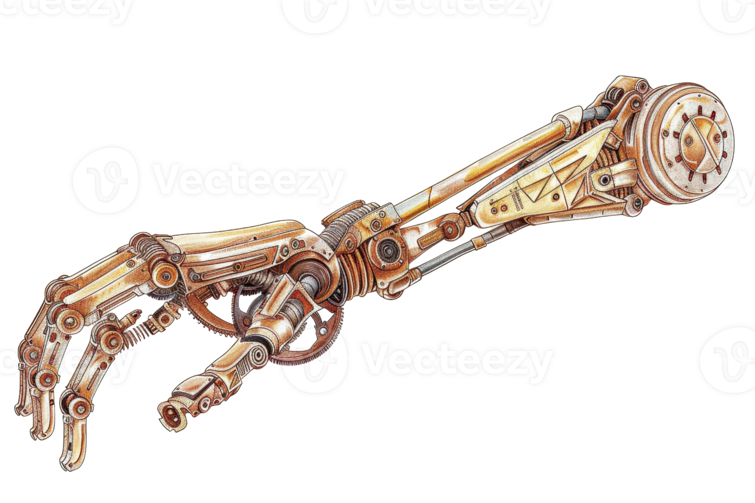 Detailed illustration of a steampunk-style robotic arm with intricate gearing and mechanical components, showcasing vintage technology. png