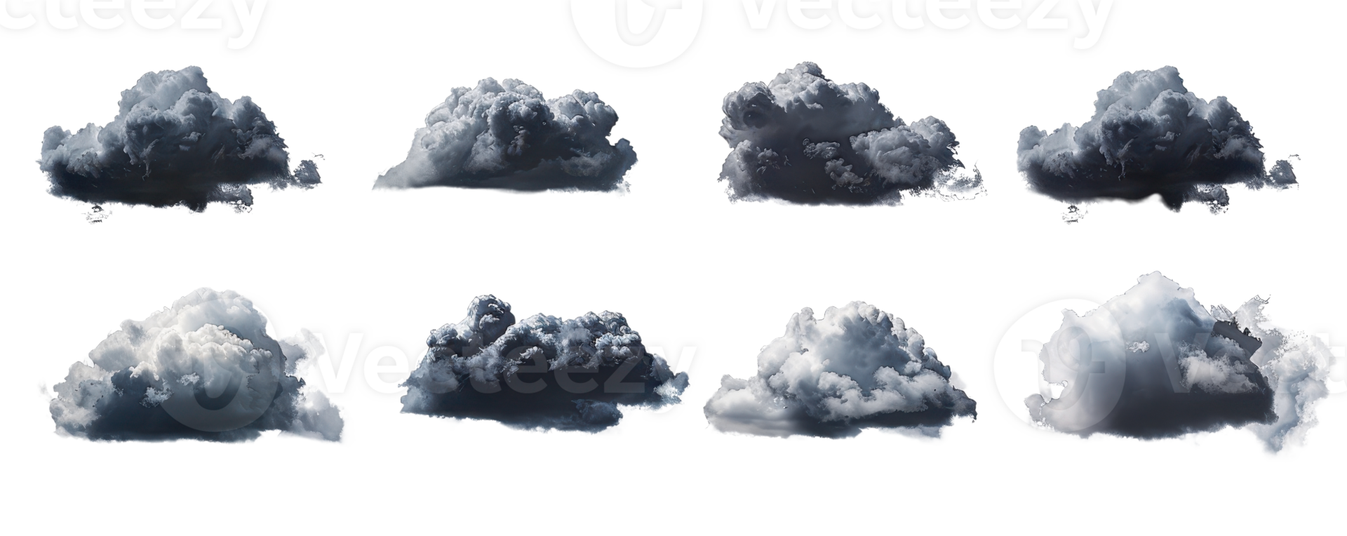 Collection of eight dark and moody clouds isolated on a transparent background, ideal for weather forecasting or storm representation. png