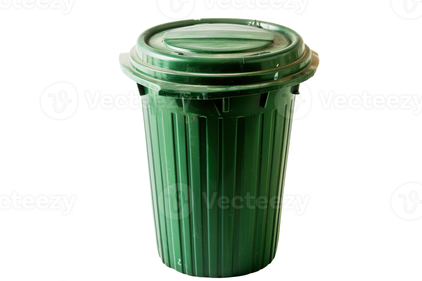 Green plastic garbage bin with lid, isolated on transparent background. Ideal for waste management and recycling purposes. png