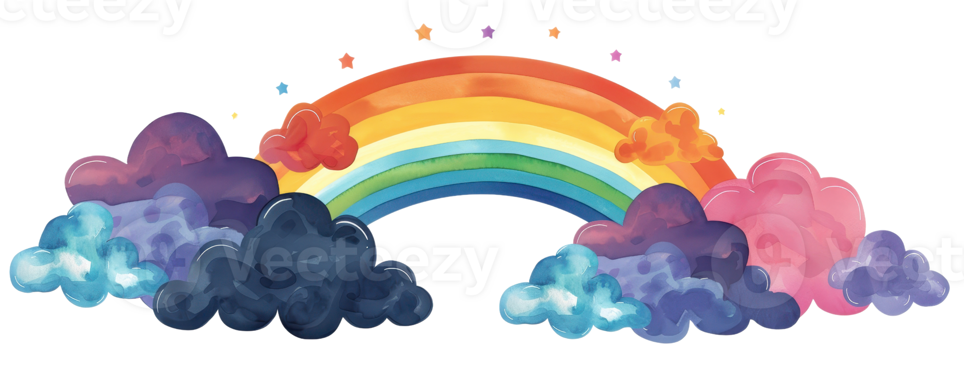 Colorful watercolor rainbow arches over vibrant clouds with small houses, creating a whimsical and dreamy landscape. png