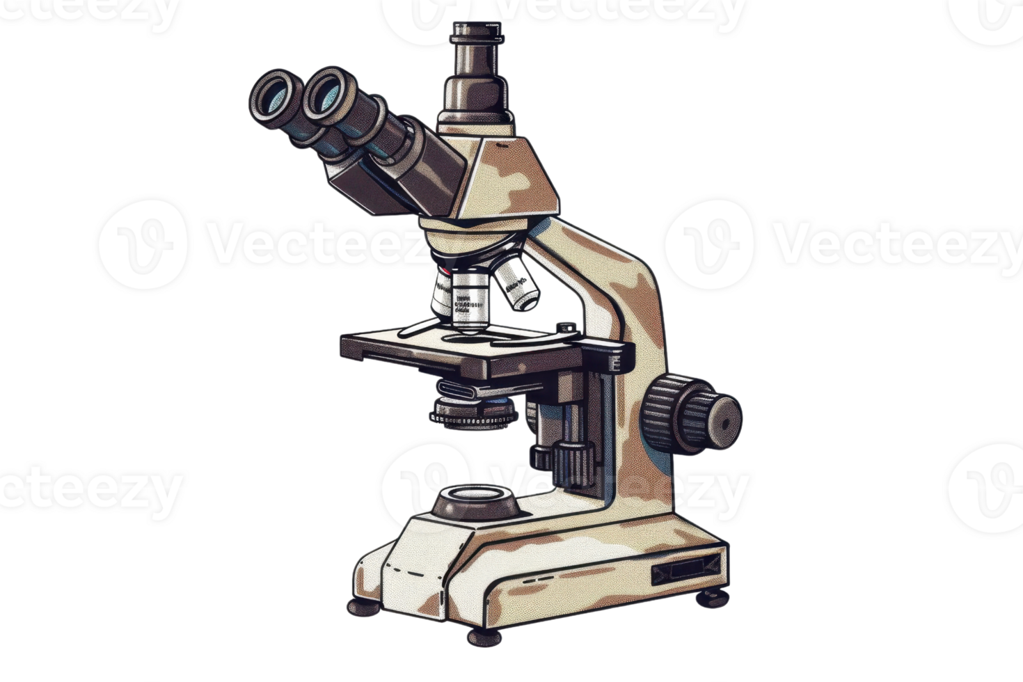 Detailed image of a traditional compound microscope used in scientific research and education, isolated on a transparent background. png