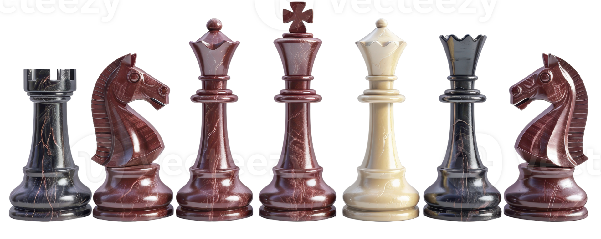 Elegant collection of wooden chess pieces lined up, featuring detailed designs of rooks, knights, bishops, queen, and king on transparent background. png