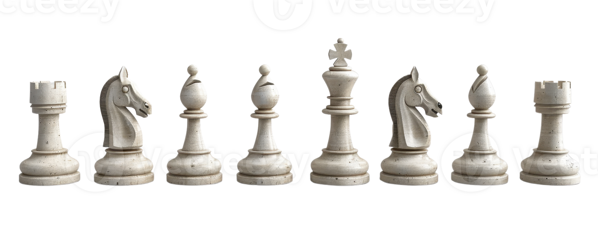 Row of beautifully crafted white chess pieces on a plain background, showcasing the intricate design and attention to detail. png