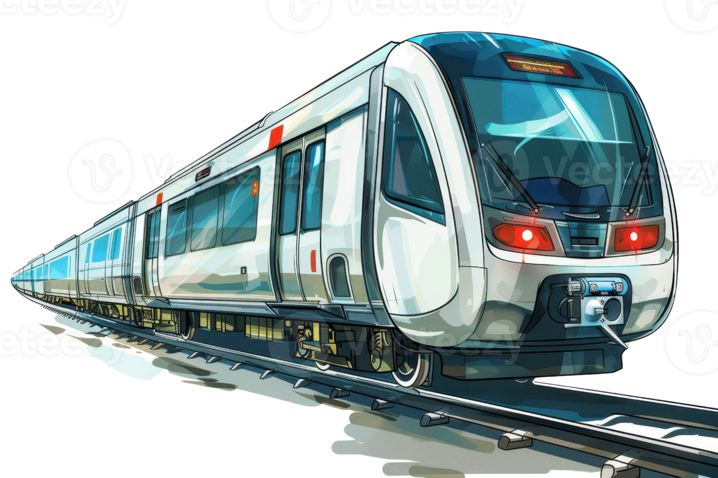 Modern high-speed train on tracks captured in a dynamic perspective, showing sleek design and advanced features for travel and transportation. png