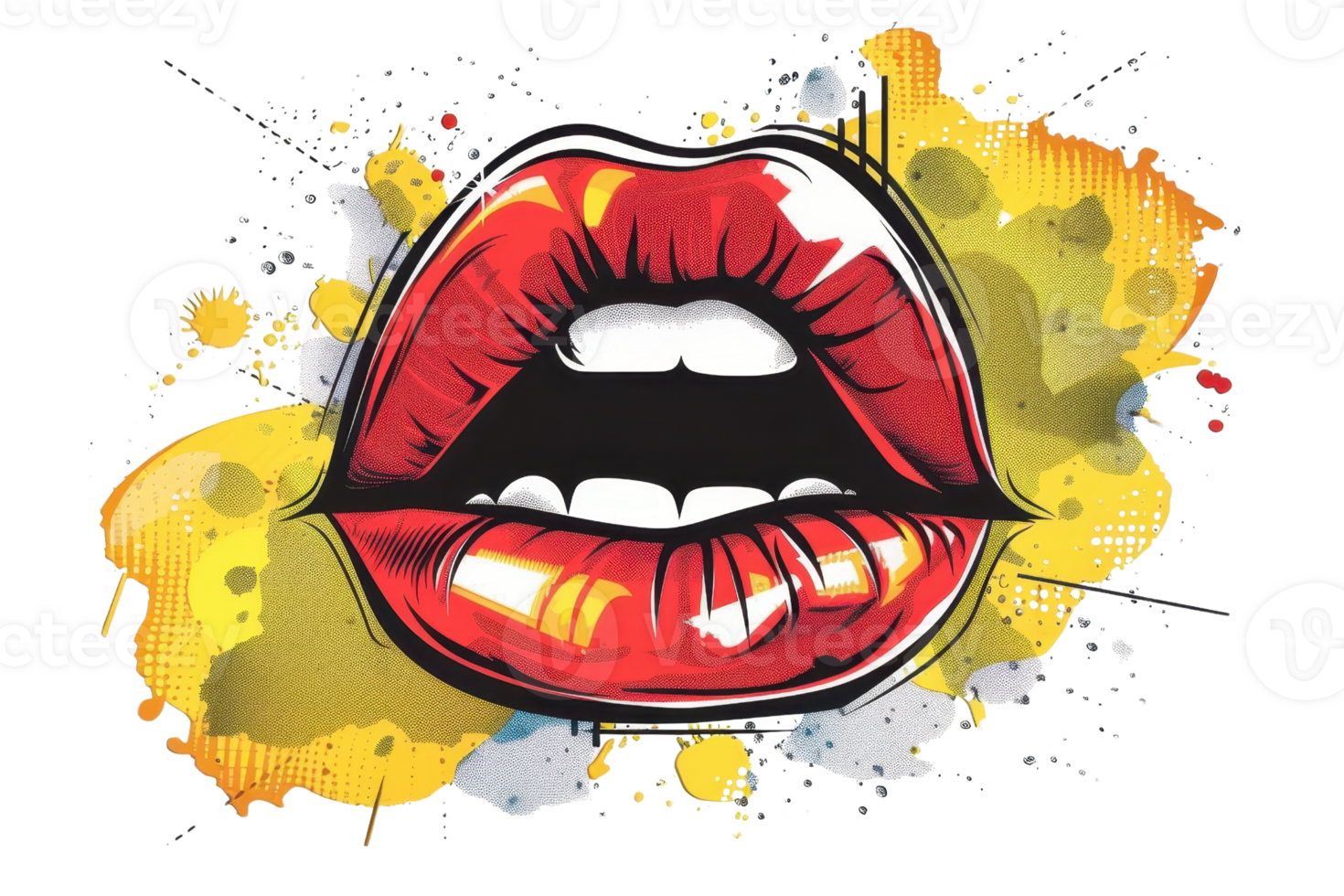Pop art style illustration of vibrant red lips with a colorful splatter background, perfect for modern and dynamic design projects. png