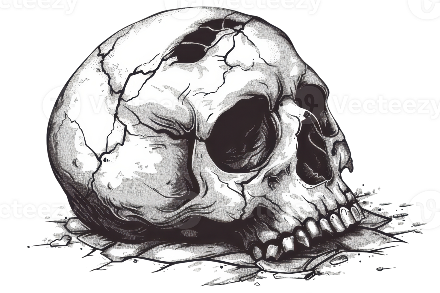 Realistic illustration of a cracked human skull, showcasing intricate details and textures in a haunting artistic style. png