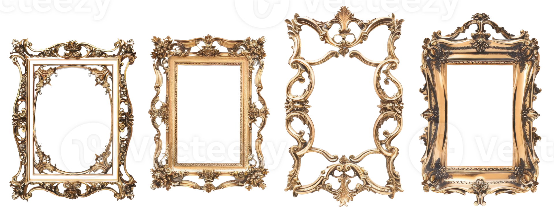 Set of four vintage ornate gold picture frames with intricate designs, isolated on transparent background. Perfect for elegant art display projects. png