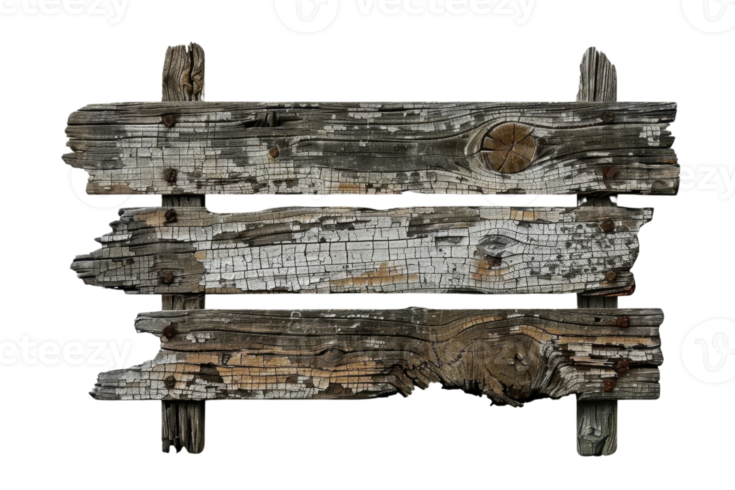 Old rustic wooden sign with weathered planks, cracks, and peeling paint, perfect for vintage and countryside-themed projects. png