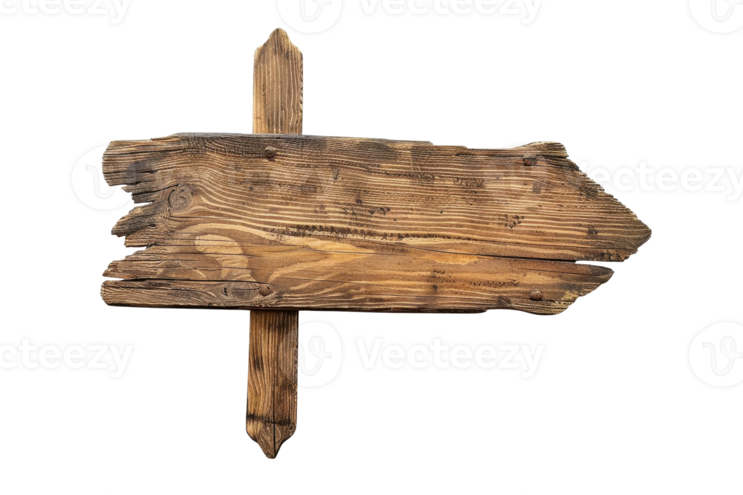 Rustic wooden arrow sign with weathered texture, isolated on a transparent background. ideal for navigation and directional concepts. png