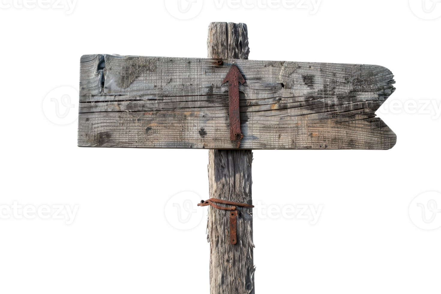 Rustic wooden signpost with arrow, weathered wood and metal details, isolated on transparent background. perfect for vintage or country themes. png