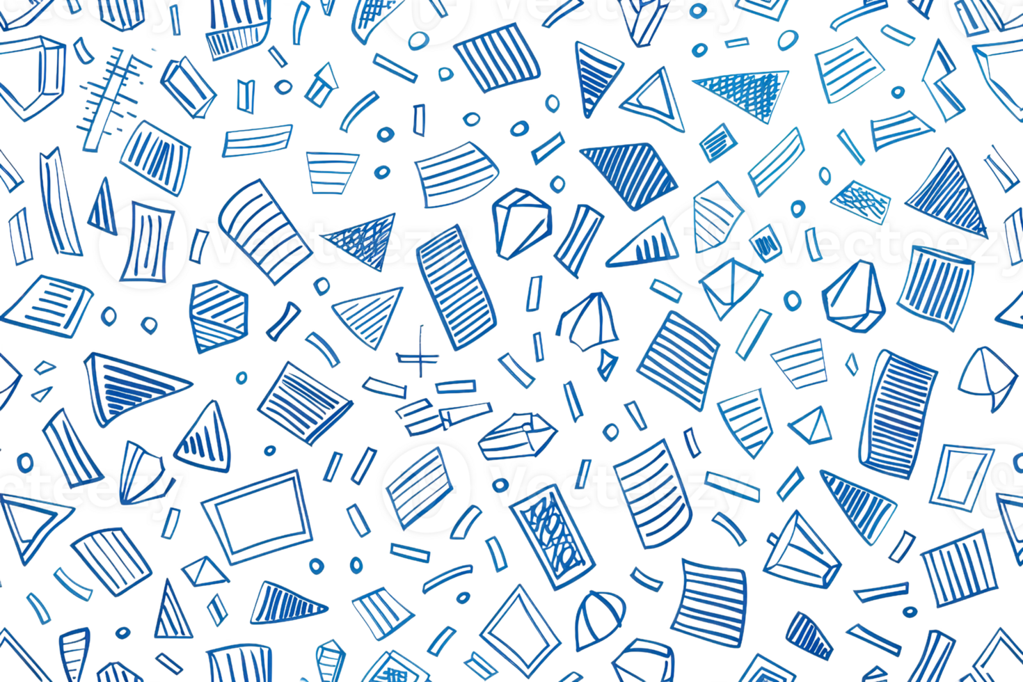 Seamless pattern with various hand-drawn blue geometric shapes and lines creating a vibrant, intricate abstract background design. png