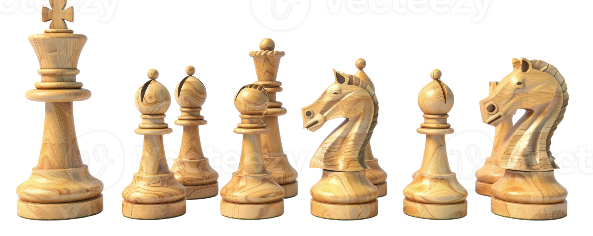 Set of carved wooden chess pieces including king, queen, bishop, knight, rook, and pawn arranged in a line. png
