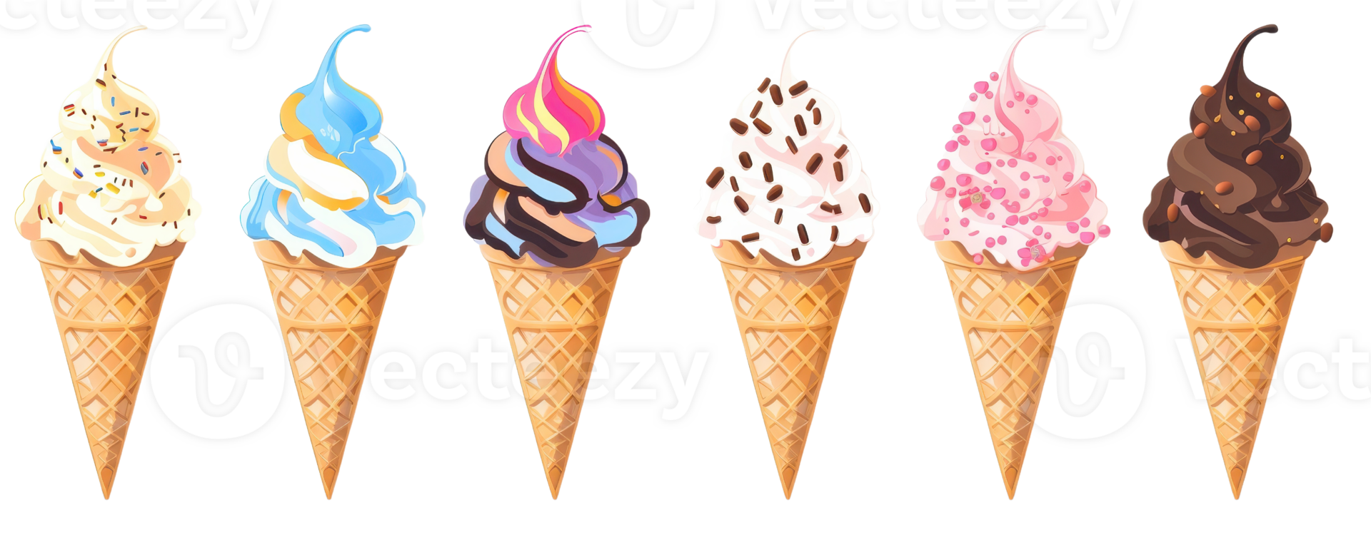 Six colorful ice cream cones in various flavors with sprinkles, swirls, and toppings against a transparent background. png