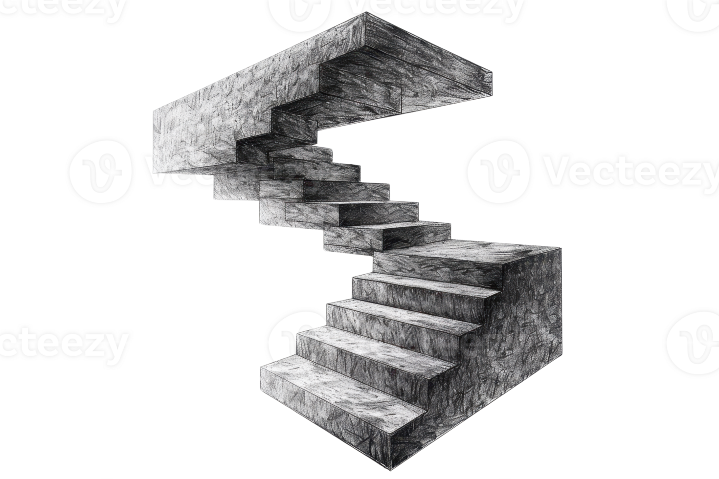 Surreal concrete staircase against a transparent background. forming an impossible structure with ascending and descending steps. png