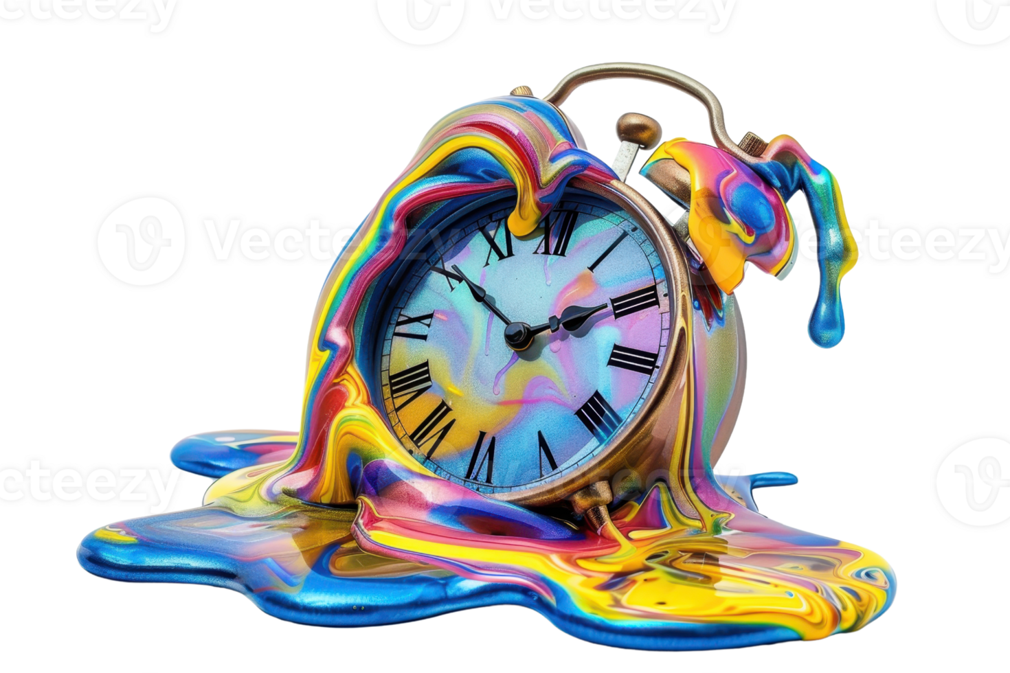 Surreal melting clock with vibrant colors symbolizing the fluidity of time. Abstract art, concept of time, and creative artwork. png