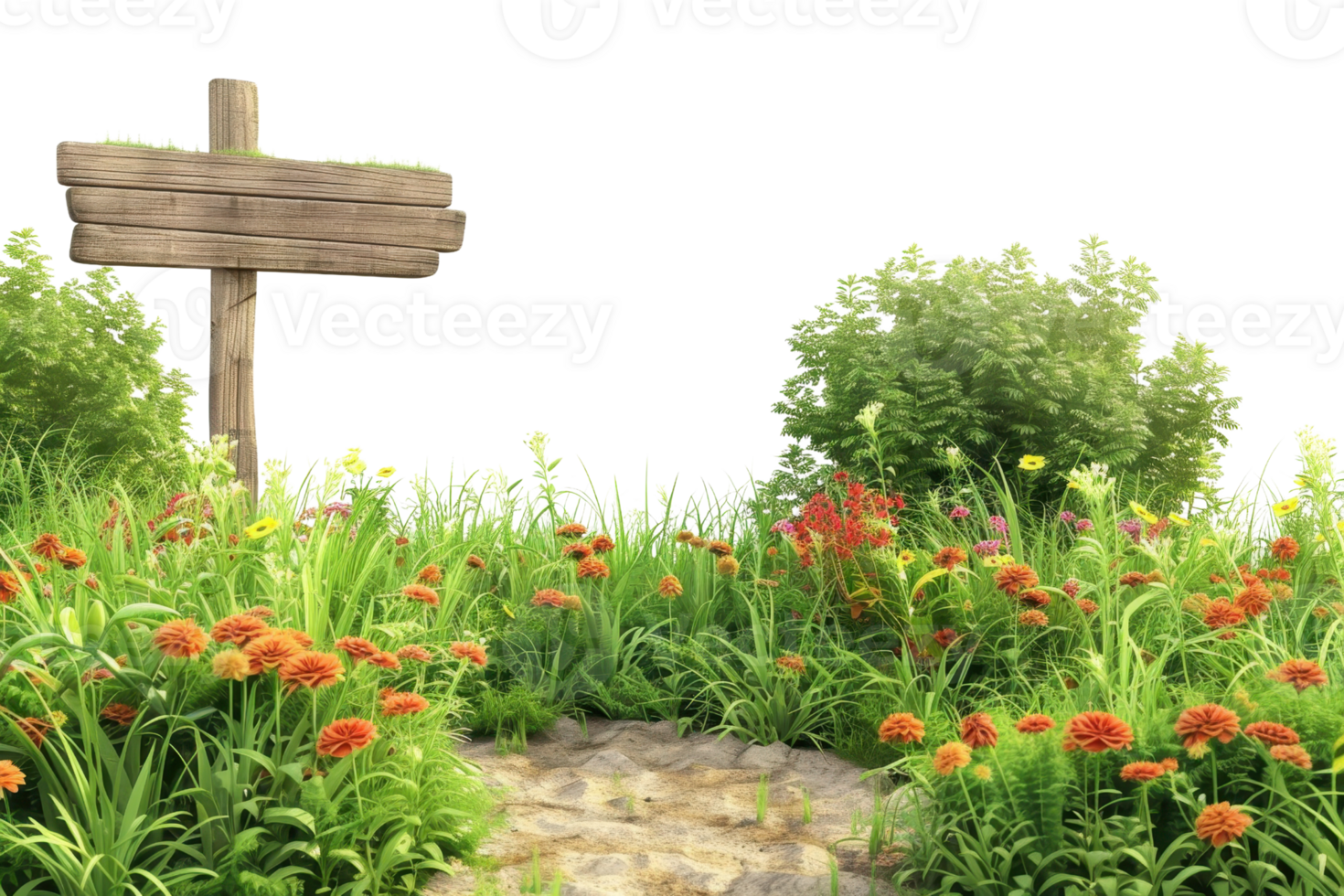 Rustic wooden signpost amid vibrant wildflowers and lush greenery, marking a serene garden pathway under a clear sky. png