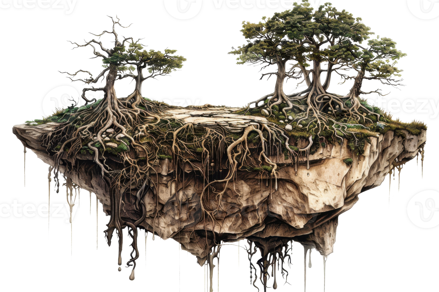 Surreal floating island with two large trees and exposed roots, creating a mystical and otherworldly landscape. png