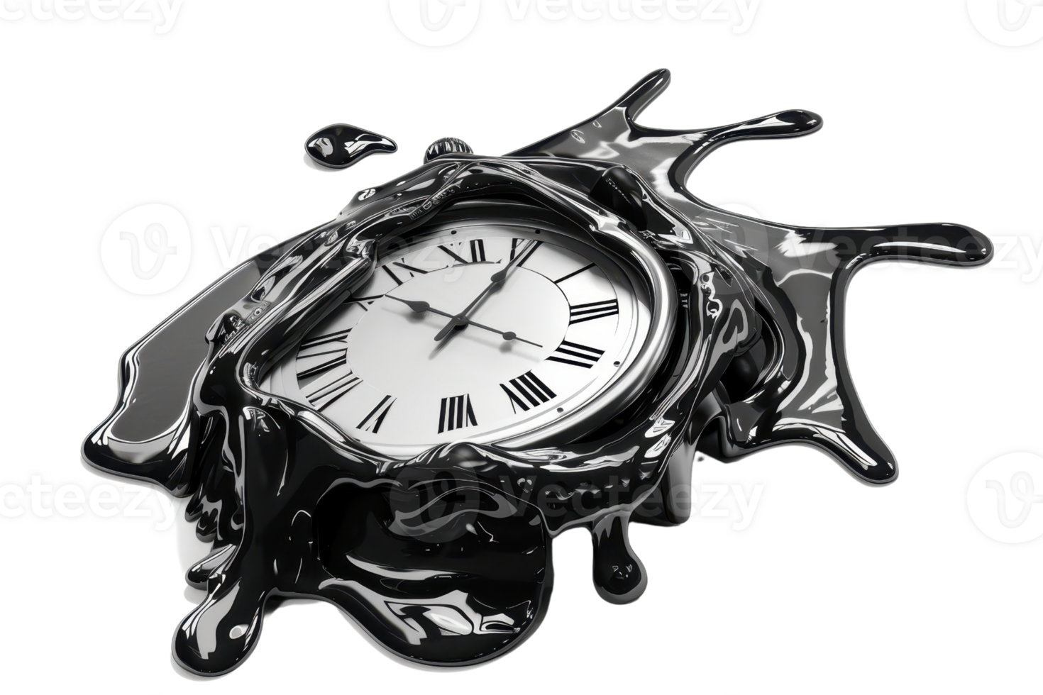 Surreal melting clock blending classic timepiece elements with abstract fluid shapes, representing the fluidity of time and artistic imagination. png