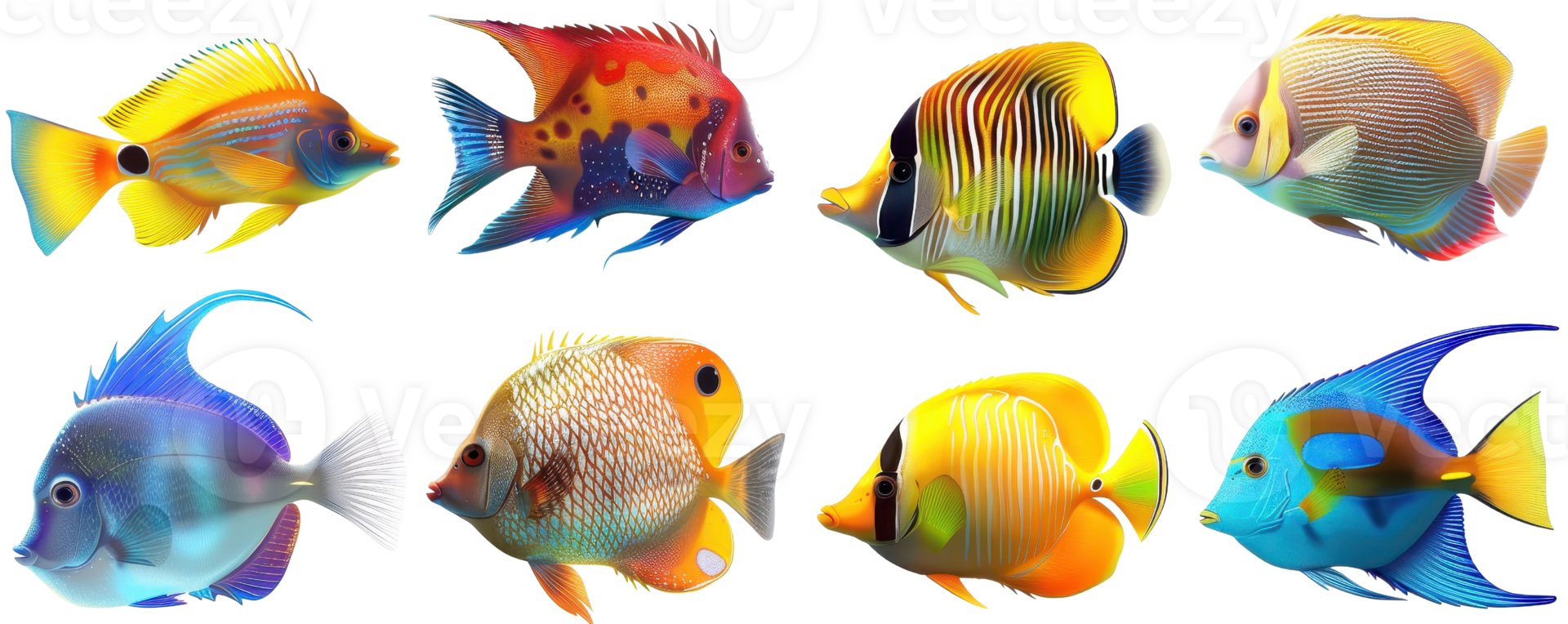 Vibrant collection of exotic tropical fish with colorful patterns, ideal for aquatic-themed projects and marine life illustrations. png