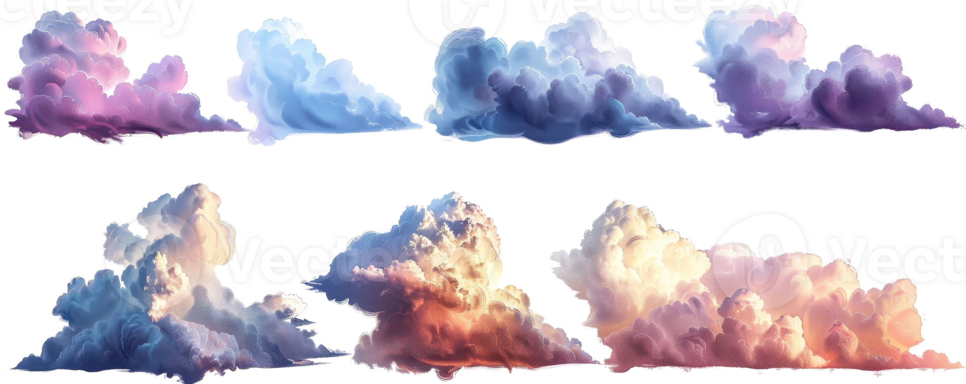 Vibrant and dreamy collection of cloud formations, showcasing beautiful patterns and colors in the sky with a serene atmosphere. png