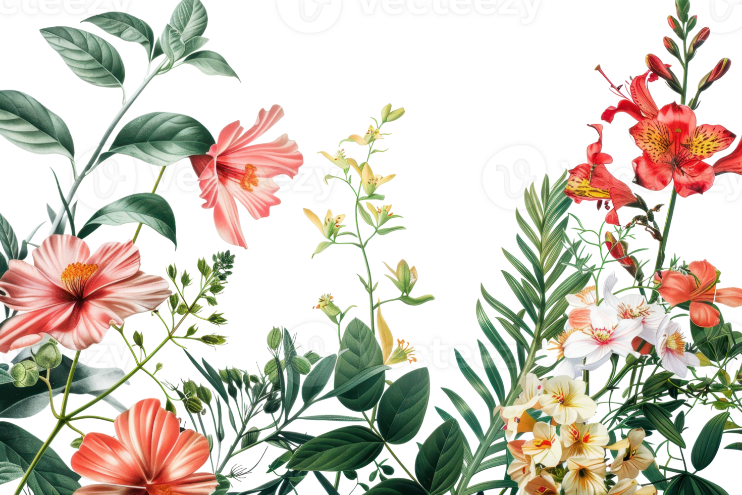 Vibrant floral illustration featuring a variety of colorful flowers and lush green leaves, perfect for nature-themed designs and backgrounds. png