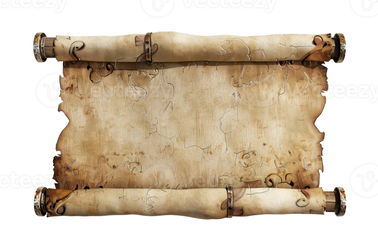 Vintage blank parchment scroll with ornamental edges, perfect for historical or fantasy designs and calligraphy art projects. png