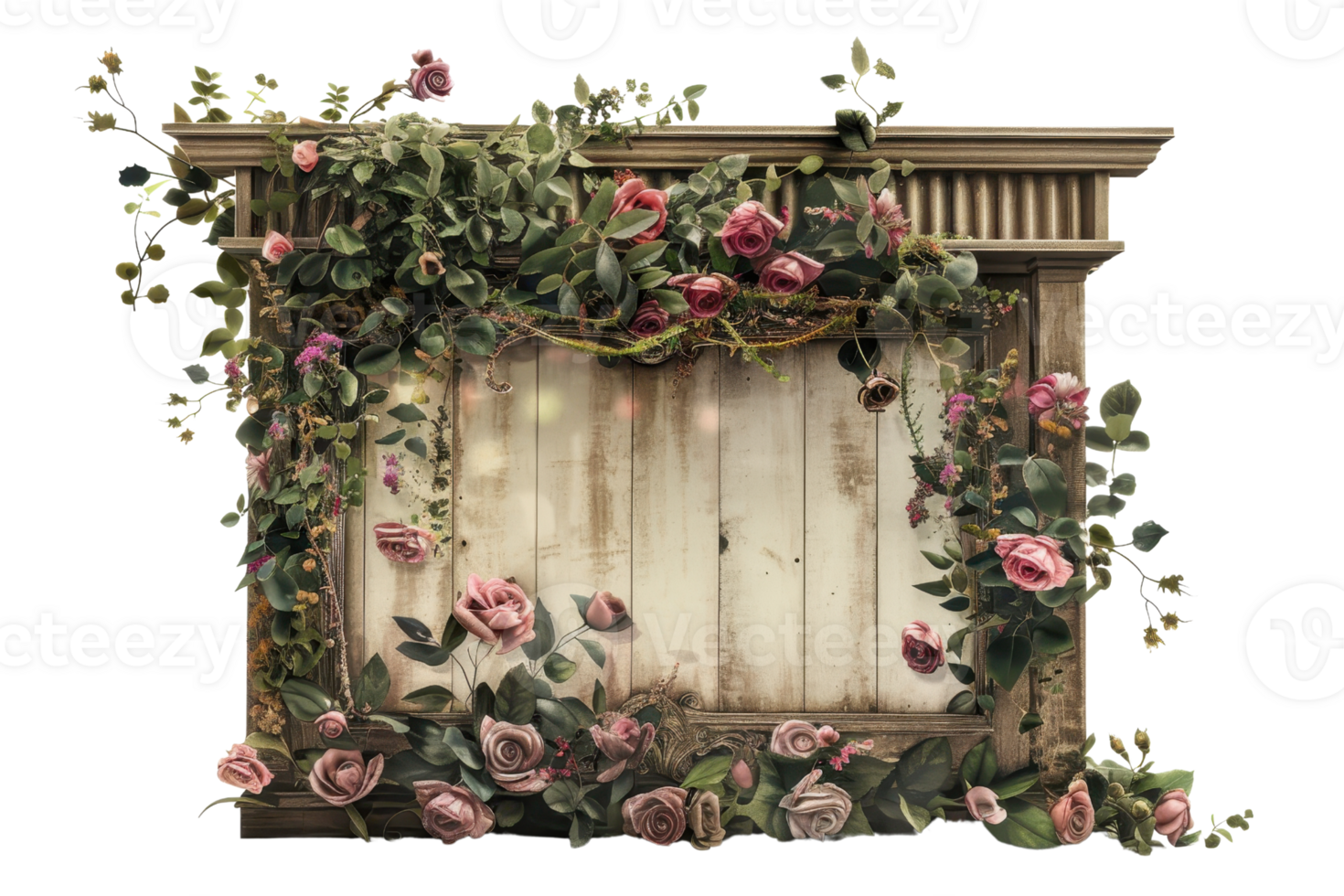 Vintage rustic frame adorned with pink roses and green foliage for wedding decor, photography backdrop, or garden theme. png
