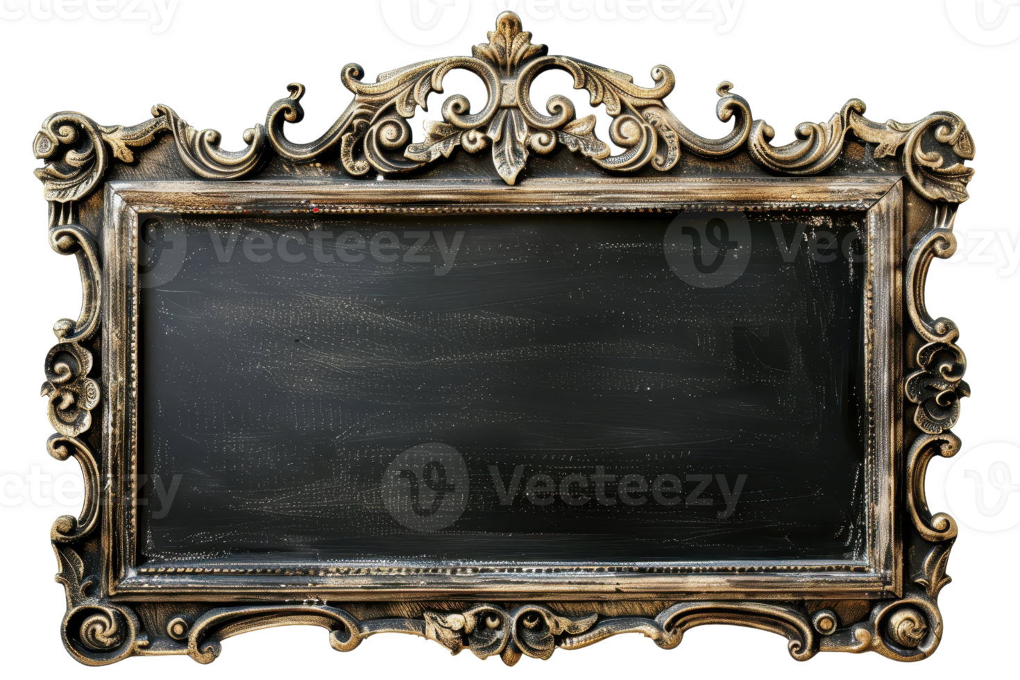 Vintage ornate empty chalkboard frame with intricate carvings in antique style, isolated on transparent background. Ideal for text insert or decoration. png