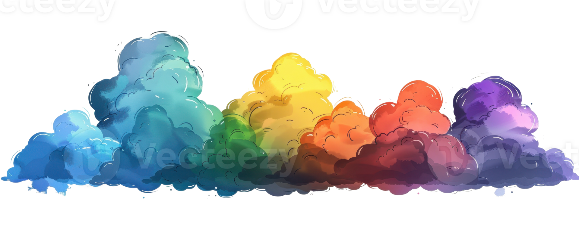 Vibrant watercolor clouds in a spectrum of colors, creating a dreamy and artistic atmosphere perfect for creative projects and artistic inspiration. png