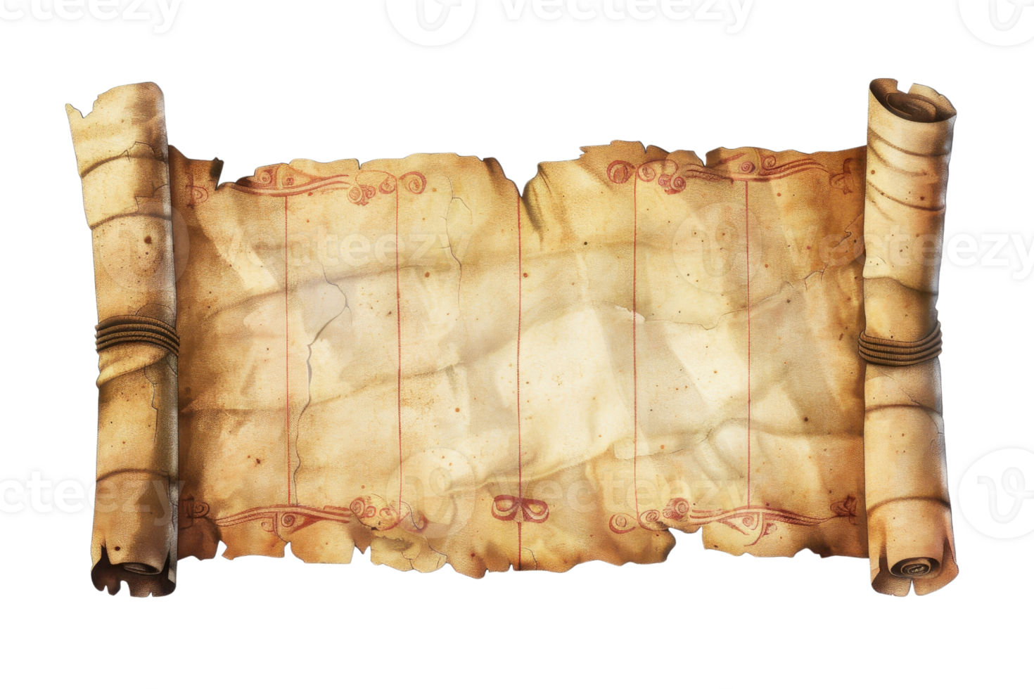 Vintage parchment scroll with tattered edges, perfect for maps, invitations, historical documents, or fantasy-themed designs. png