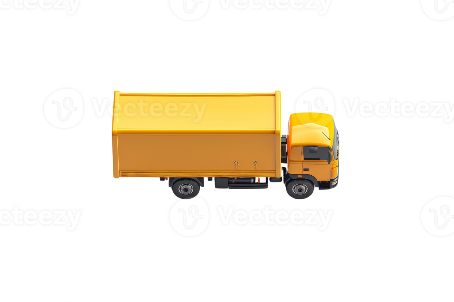 Yellow delivery truck isolated on transparent background. Top view of cargo vehicle used for transportation, shipment, and logistics. png