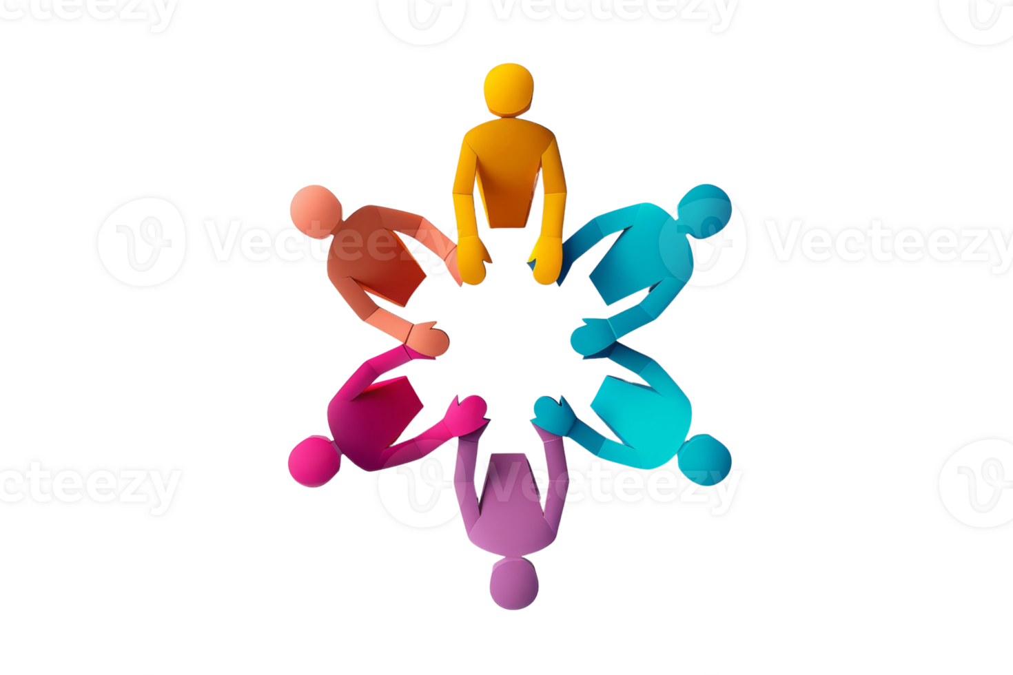 Colorful illustration of five people holding hands in a circle, symbolizing unity and teamwork in a vibrant, abstract design. png