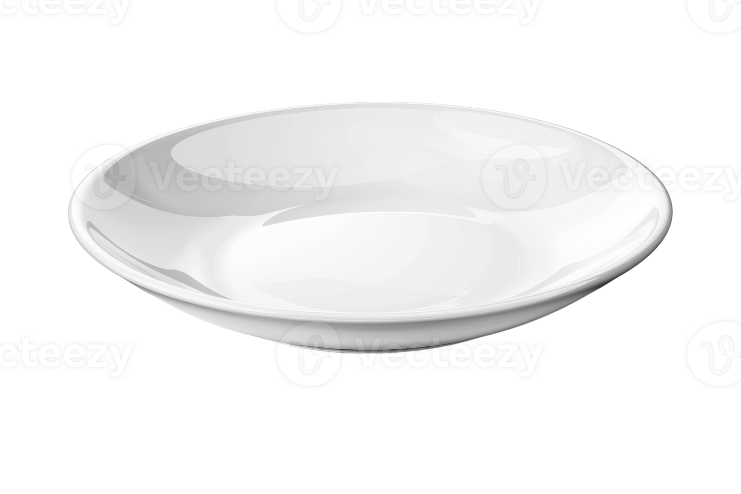 A simple, empty white ceramic plate with a glossy finish, isolated on a transparent background. Ideal for food presentation and kitchen-themed designs. png