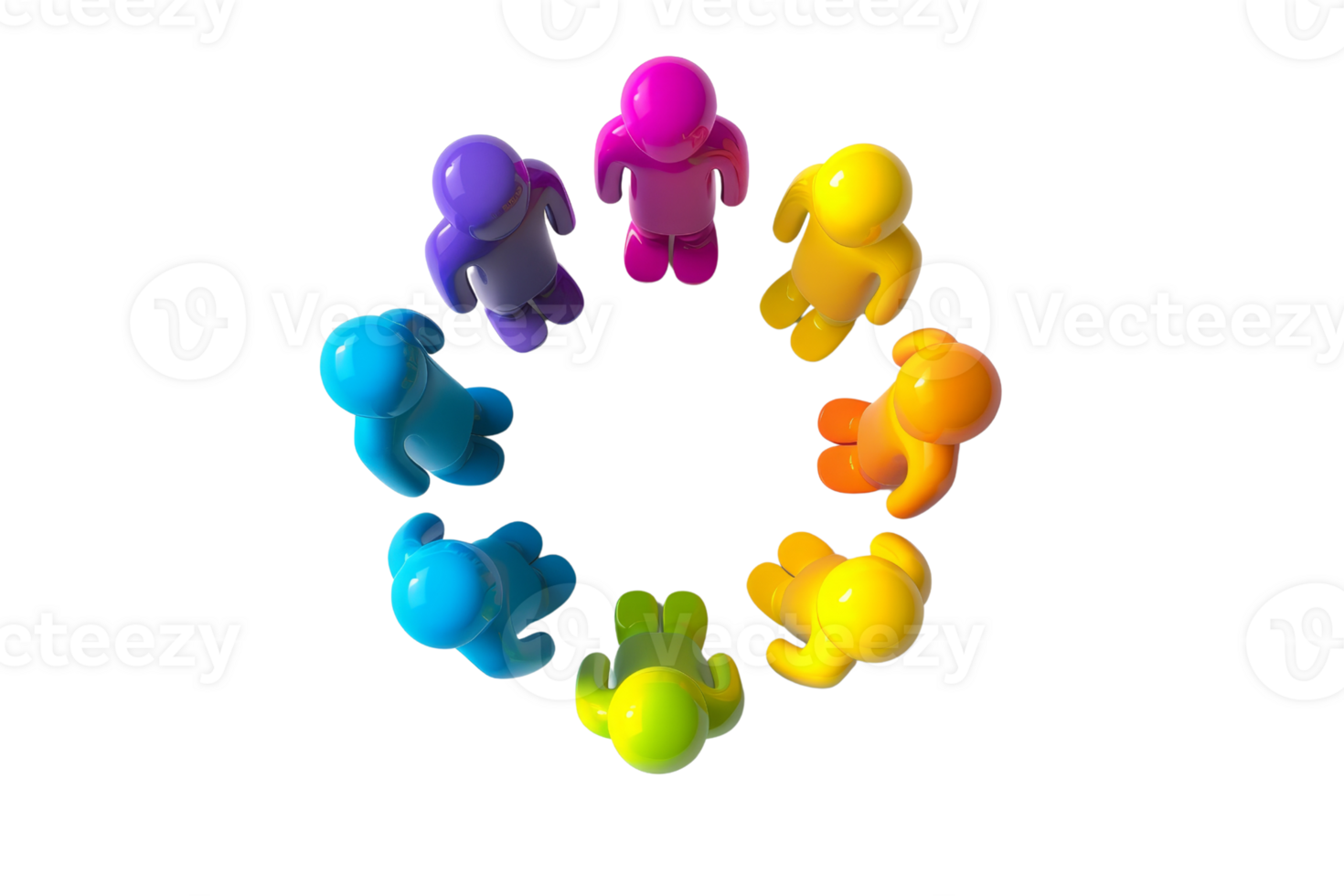 Colorful abstract figures standing in a circle. Unity and teamwork concept, vibrant colors, isolated on transparent background. png
