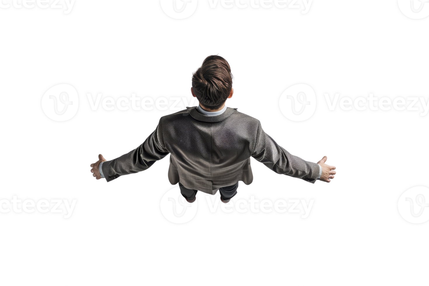 Overhead view of a person with open arms in casual attire on a black background, symbolizing freedom and welcome. png