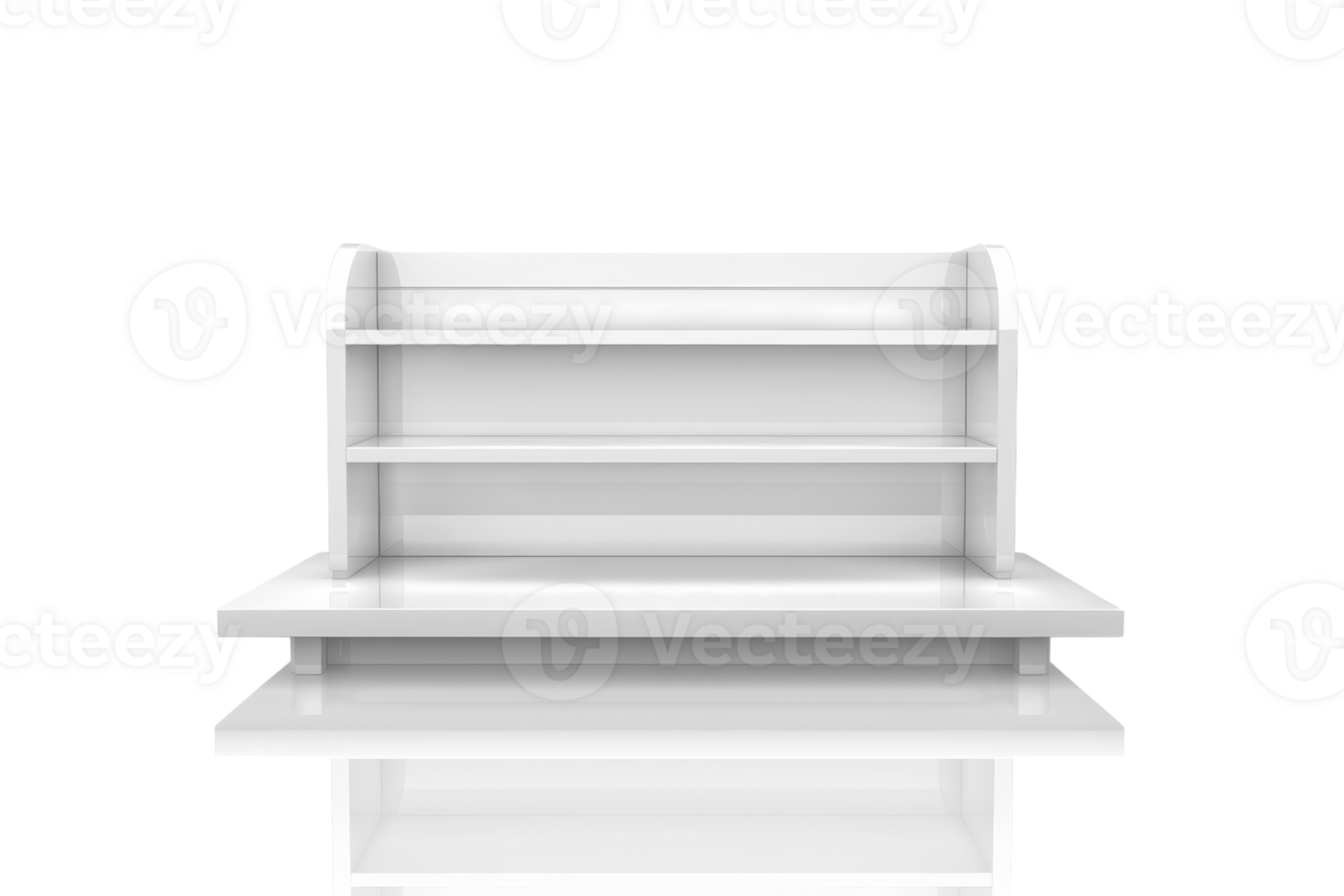 Clean and empty white display shelf with multiple levels, ideal for showcasing products in stores or organizing items at home. png