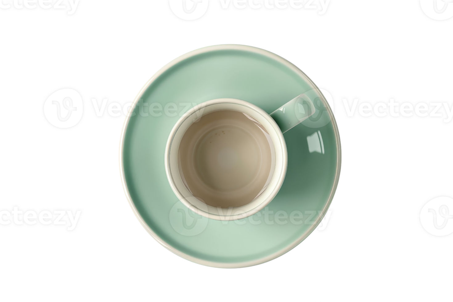 Top view of a green empty cup on a matching saucer isolated on transparent background. Minimalistic tableware design. png