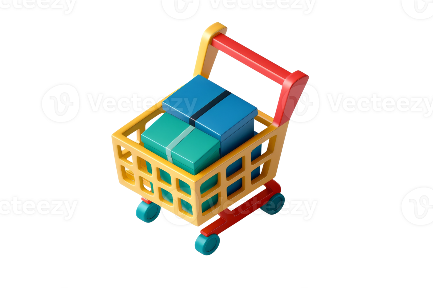Colorful shopping cart icon with gift boxes inside, isolated on transparent background. perfect for online shopping and e-commerce themes. png