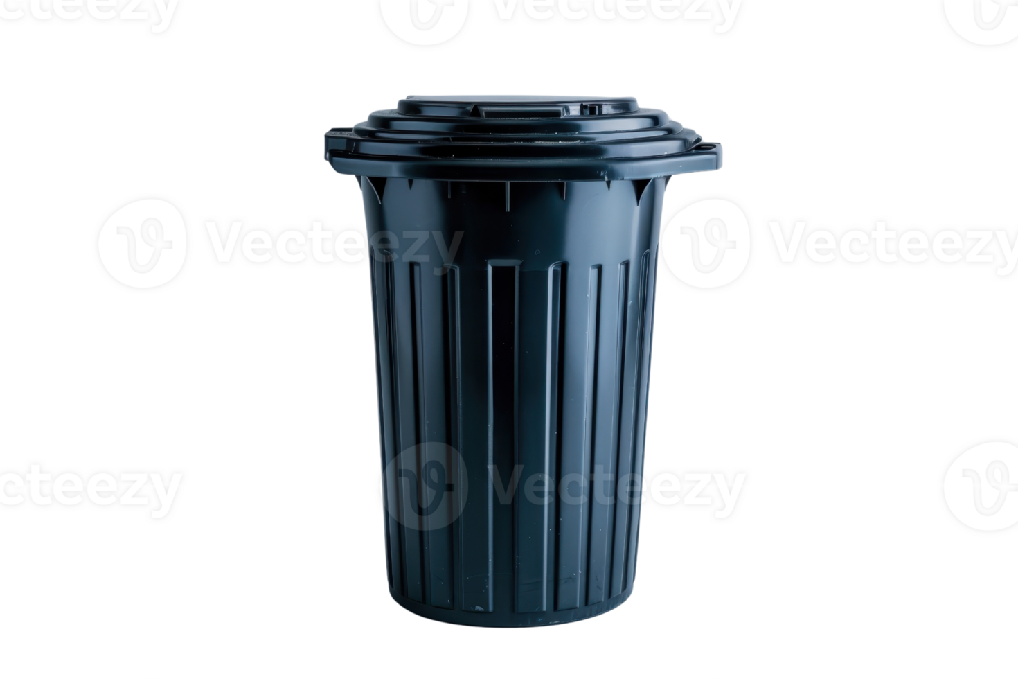 A black plastic garbage bin with a lid isolated on a transparent background. Suitable for waste disposal and recycling purposes. png
