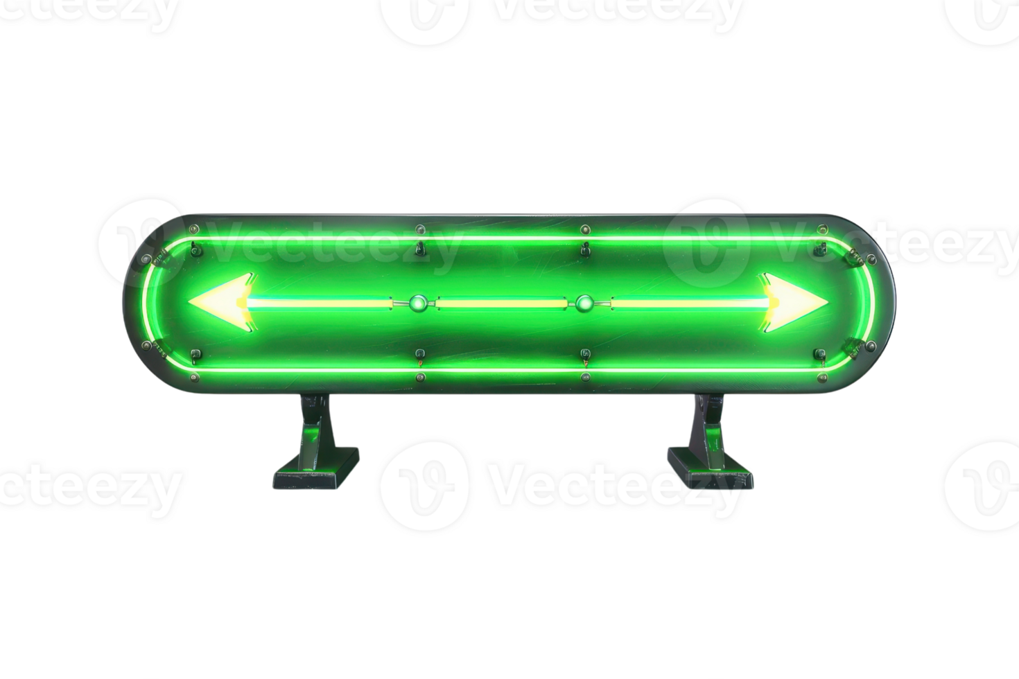 Green illuminated arrow sign indicating direction on a black background. Bright light sign for navigation or directional guidance. png