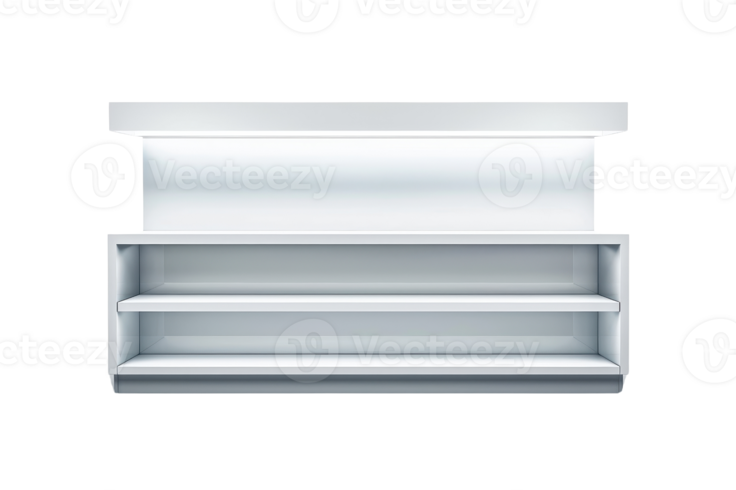 Empty modern retail display shelf unit with multiple shelves and bright white lighting, suitable for showcasing products. png