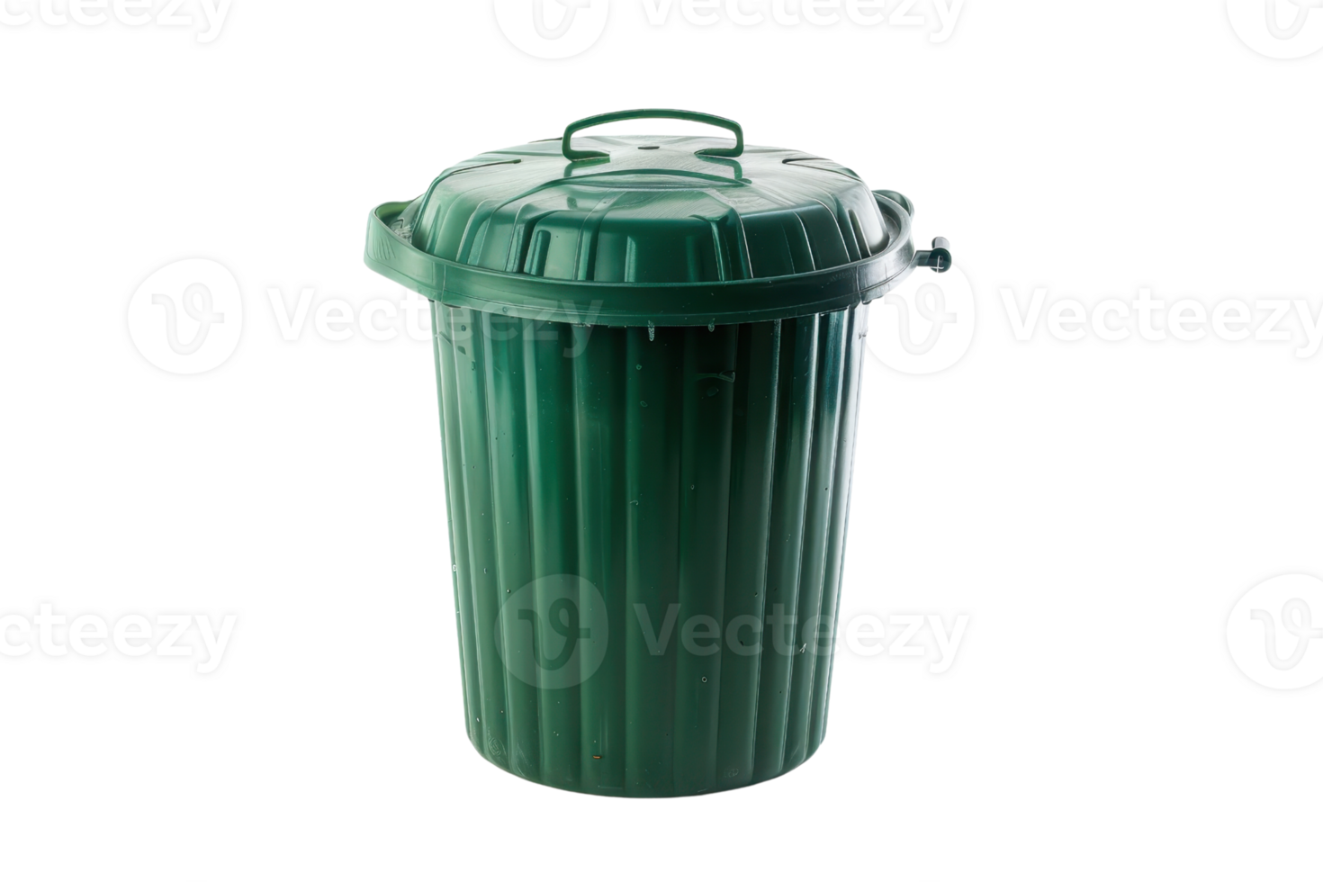 Green plastic trash can with lid, isolated on transparent background. Suitable for waste management and recycling concepts. png