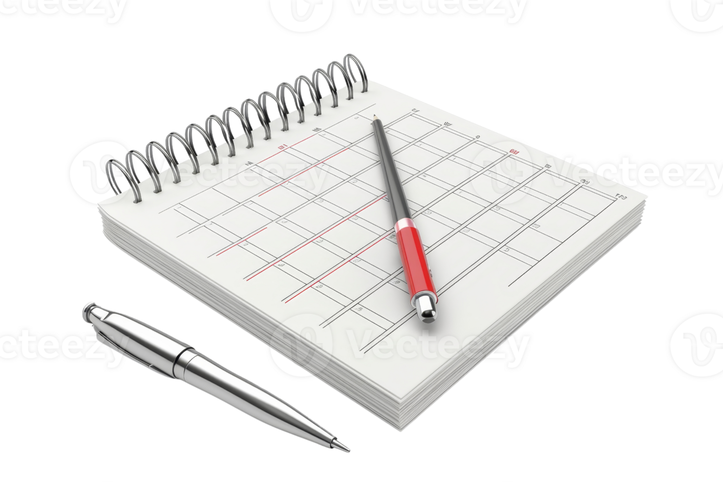 Spiral-bound notebook with grid pages, two pens on transparent background. Ideal for organization, planning, and note-taking. png