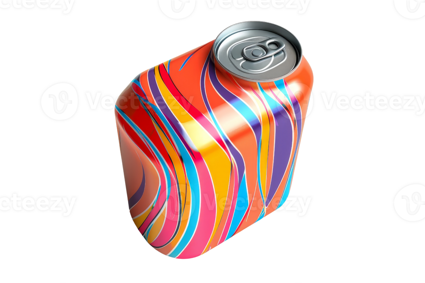 Colorful abstract beverage can with vibrant wave patterns on a transparent background. Unique and eye-catching design for drink packaging. png