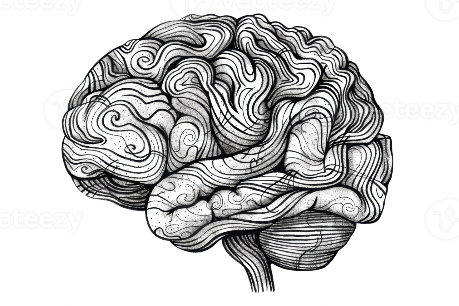 Intricate black and white drawing of a human brain showcasing detailed lines and patterns, illustrating creativity and intelligence. png