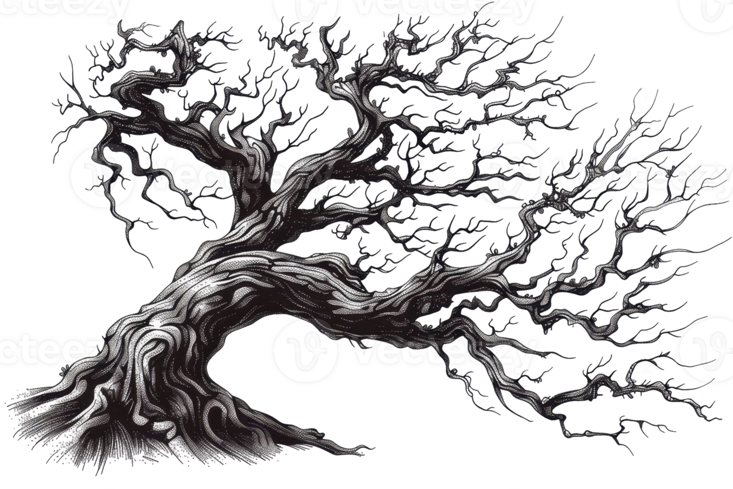 Intricate black and white illustration of a twisted, bare tree with gnarled branches, depicting a mysterious, eerie atmosphere. png