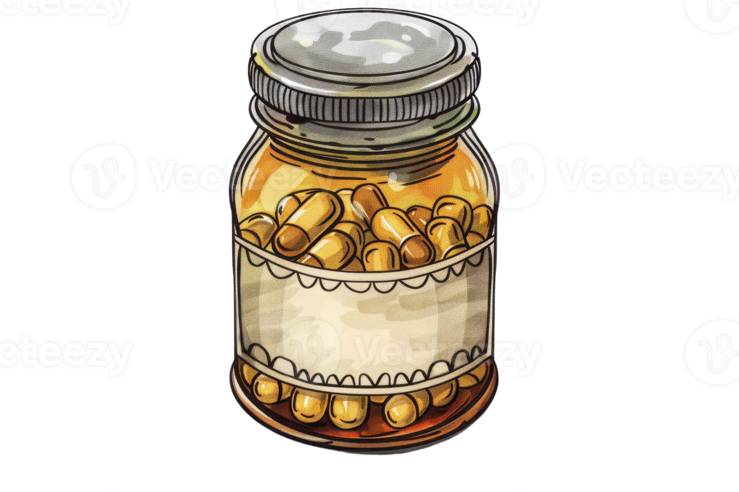 Glass bottle of dietary supplement capsules with blank label, ideal for branding, packaging designs, healthcare, and medical purposes. png