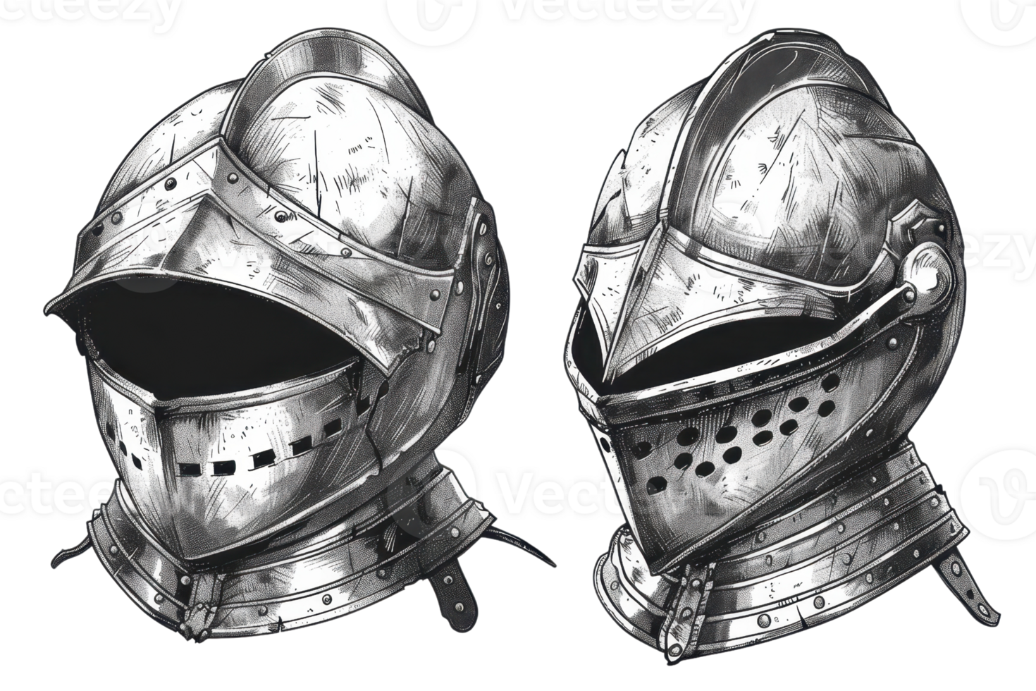 High-detailed black and white illustration of two medieval knight helmets, showcasing intricate armor designs against a transparent background. png