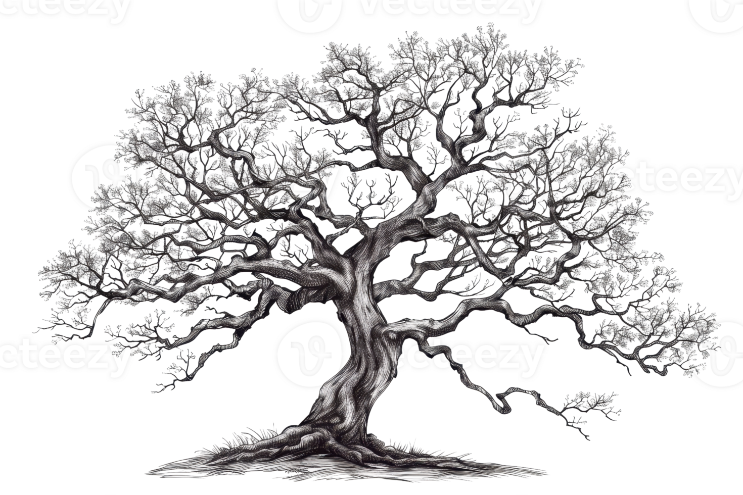 Intricate black-and-white illustration of a majestic tree with sprawling branches and detailed bark texture. png