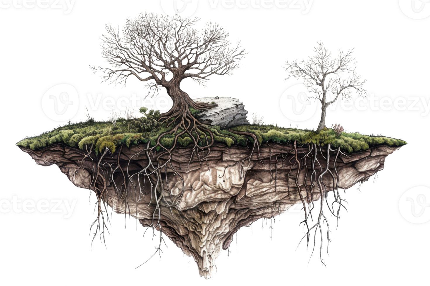 Floating island with trees and exposed roots, showcasing a surreal, fantasy landscape suspended in the air against a transparent background. png